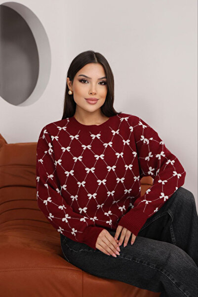 bacc Women's Burgundy Crew Neck Bow Knitwear Sweater Bces-253012