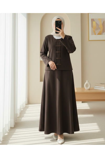 Modamorfo Leather Detailed Buttoned Front Skirt Thessaloniki Suit - Brown