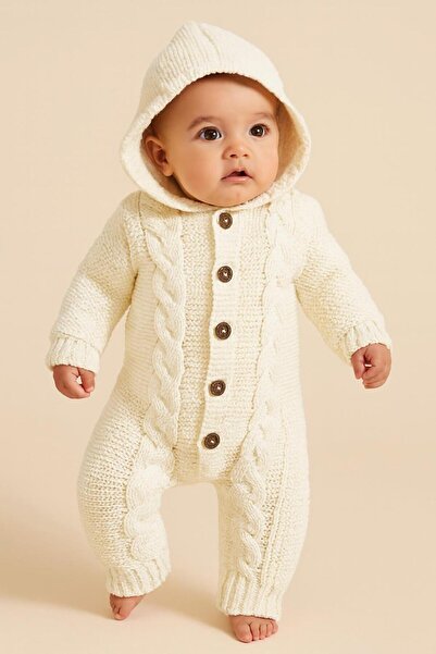 MiniBou Bebek Welsoft Krem Kapüşonlu Tulum - Düğmeli Kışlık Triko Tulum