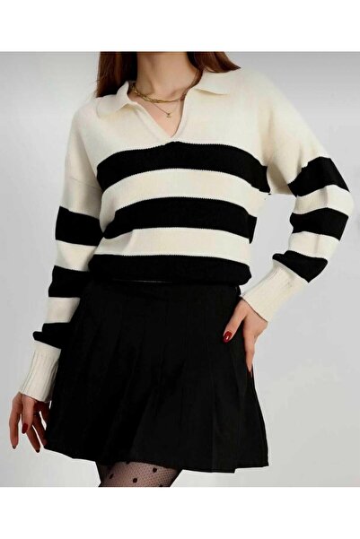 Butik Women's Oversized Striped Polo Neck Knitwear Sweater