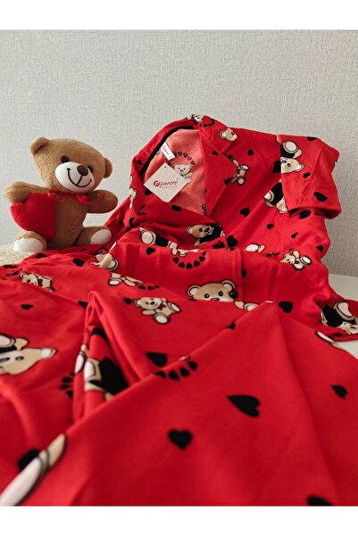 Pijamoni Süet Kumaş Önü Düğmeli Uzun Kollu Kadın Pijama Takımı S/M-L-XL-2XL