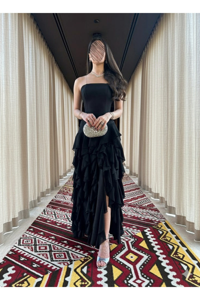 elin فستان سهرة اسود بتصميم طبقات وانسيابية أنيقة