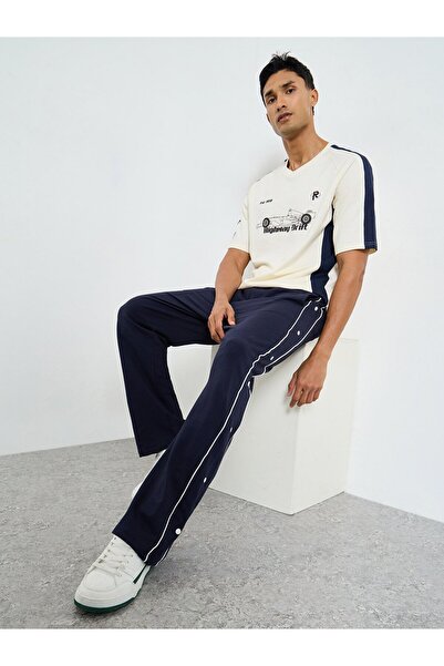 Styli Contrast Piping and Popper Oversized Open Hem Joggers