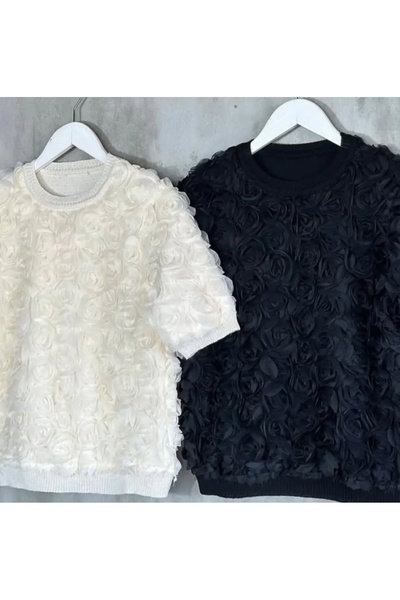TEKDEMİR Güllü Üç Boyutlu Özel Tasarım Kısakol Kadın Triko Kazak
