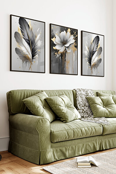 kutuTR Siyah Çerçeveli 2D UV Baskı 3’lü MDF Tablo Set – Siyah Beyaz Tüy Ve Al...