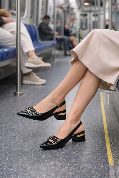 Macelife Patent Leather Black Pointed Toe Heeled Women's Shoes