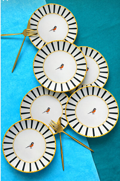 Paşabahçe 6' lı 20 cm Büyük Boy Pasta-Tatlı Tabağı Seti-Modern Kuş Figürlü Go...