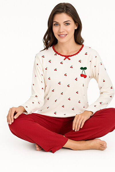 BOYRAZ Women's Ecru Cherry Patterned Pajama Set – Soft Fabric, Transitional Comfortable Home & Sleep Set