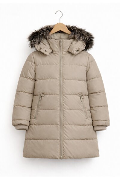 REGOS Kız Çocuk Krem Şişme Mont Kapüşonlu Kürklü Kışlık Uzun Model