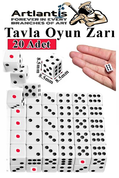 Artlantis Tavla Zarı 20 Adet Beyaz Zar Akrilik 8.5 mm Masa Oyunu Kırmızı Siya...