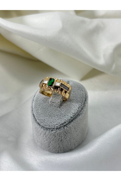 divakse خاتم من الفولاذ مطلي بالذهب مع حجر الزركون الأخضر