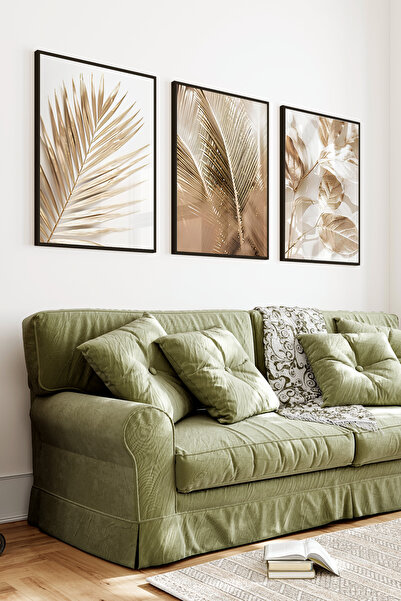 kutuTR Siyah Çerçeveli 2D UV Baskı 3’lü MDF Tablo Set – Bej Ve Altın Tonlarda...