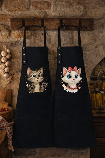 Hulganz Kitchen Apron Set of 2, Stain-Resistant, Water-Repellent Fabric, Colorfast Print, Chef Kitten Pattern Double Apron