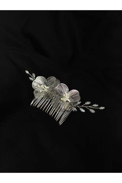 ERYA aksesuar Silver Scalloped Bridal Hair Accessory with Metal Flower Detail – Handmade Hair Ornament