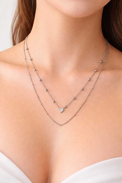 NİRELVA 2'Lİ ÇELİK TOP ZİNCİR VE KALP DETAYLI GÜMÜŞ KOLYE