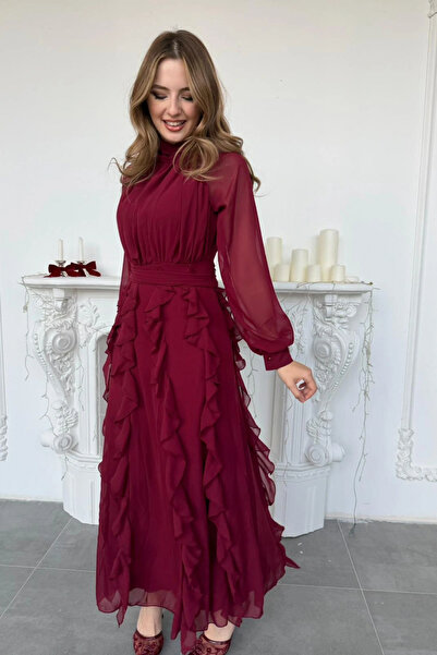 HELİS BUTİK Φούστα με κορδόνι με βολάν και ζώνη στη μέση από σιφόν μπορντό