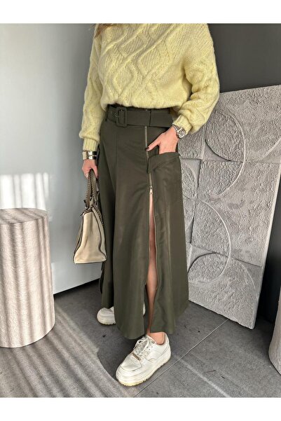 Zerrincan Giyim Haki Fermuarlı Kemerli Safari Etek