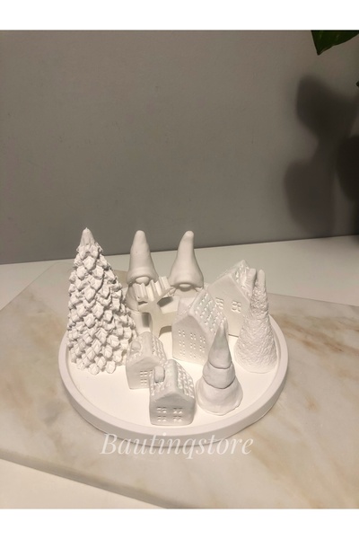 Bautinq Store Dekoratif Minimal El Yapımı Beton Yeniyıl Tabağı Evler Çam Ağaç...
