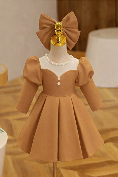 MUSGEM Rochie de seară pentru fetiță, cu design special, maro deschis, cu mân...