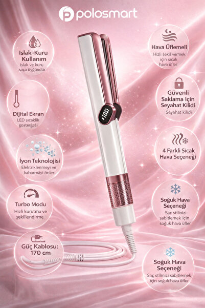 Polosmart PBS705 HAVA ÜFLEMELİ Saç Düzleştirici & iyonlu & 4 ayrı sıcak hava + soğuk hava & Dijital ekran
