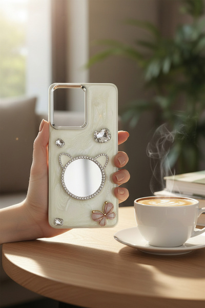 batuteknoloji Xiaomi Redmi Note 12 Pro 5G Aynalı Taşlı Fiyonklu Kabartma Yüze...