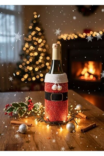 Handmade El Örgüsü Noel Baba Tasarımlı Şişe Kılıfı – Yılbaşı Dekoratif Şişe S...