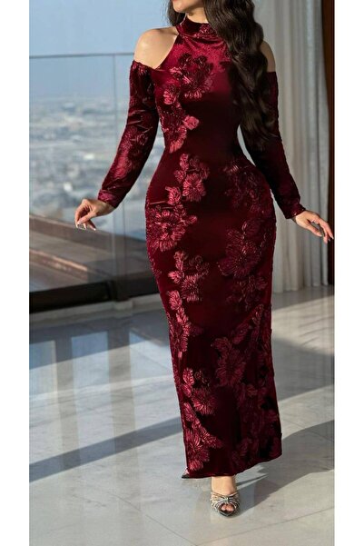 VİVİ فستان سهرة عنابي مخمل مطرز ورود بأكمام طويله.