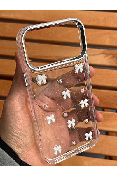 EDELFU آيفون 17 برو ماكس - غطاء شفاف بنمط فيونكة بيضاء لامعة مع بروز للكاميرا