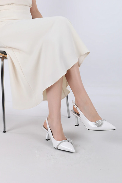 lolyvibe حذاء نسائي بكعب حجري أبيض مفتوح من الخلف للمناسبات اليومية والمناسبا...