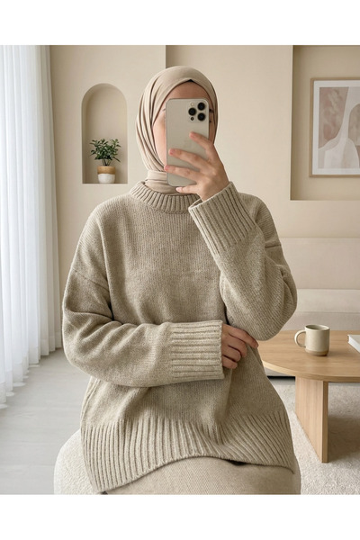 Modamorfo Crew Neck Skirt Corded Fabric Casual Knitwear Sweater -Beige