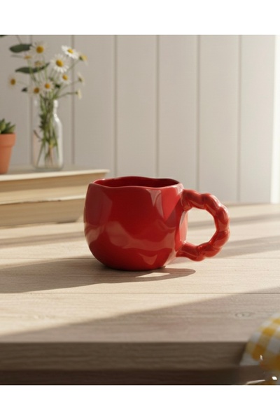Çağ Seramik Kırmızı El Yapımı Seramik Kupa –Kulplu Kırmızı Kahve Kupası