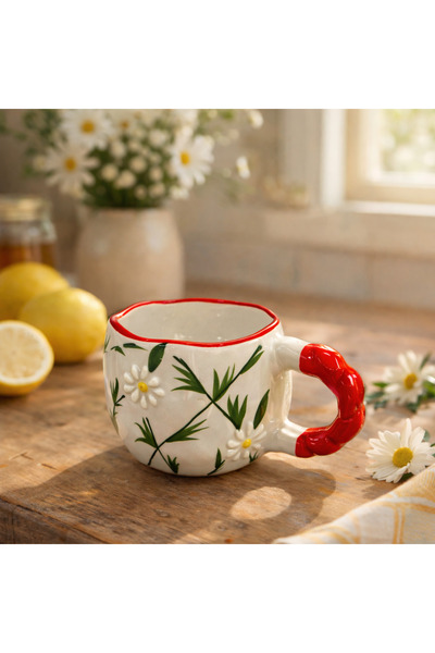 Çağ Seramik Papatya Ve Çiçek Desenli El Yapımı Seramik Kupa – Kırmızı Kulplu ...