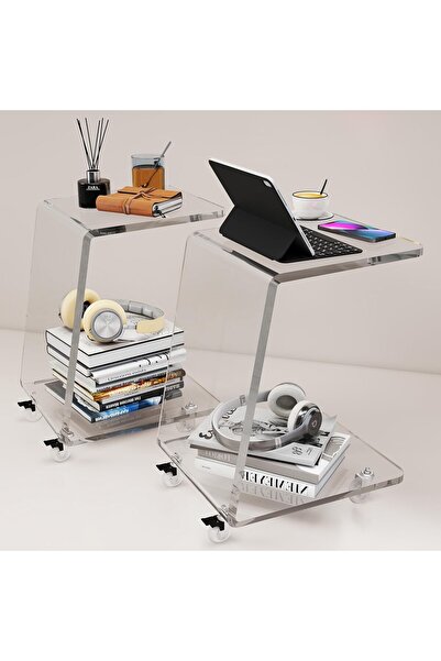 Slasa 2-Pack Clear Acrylic C Shaped Side Table with Wheels
