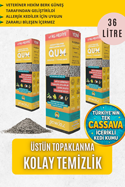 pawdaz Qum (36 LİTRE/24 KG ) - Cassava içeren, Topaklanan, Aktif Karbonlu, Za...