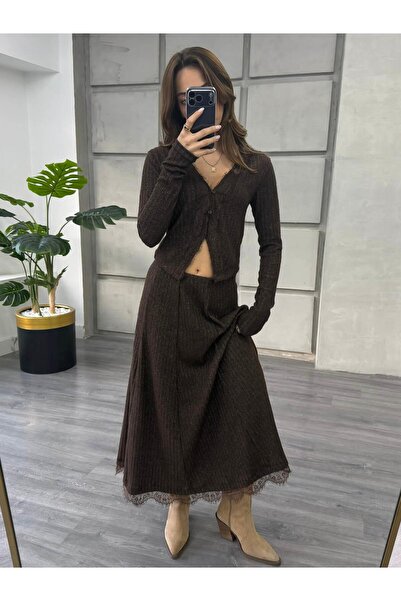 Coral Dantel Detaylı Fitilli Etek 37196 Kahve