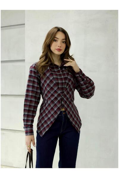 Coral Plaid Shirt with Lace Detail, Pack of Shoulder Pad 0499 Claret Red