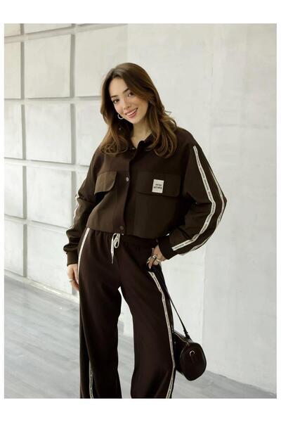 Coral 0510082 Yazılı Şerit Detaylı Ceket Kahve