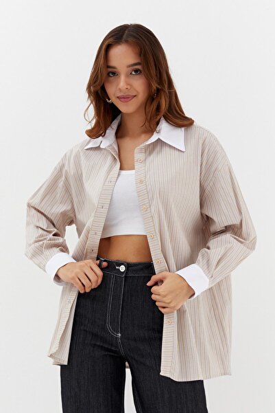 ONNO PRIVE Striped Oversize Shirt Beige