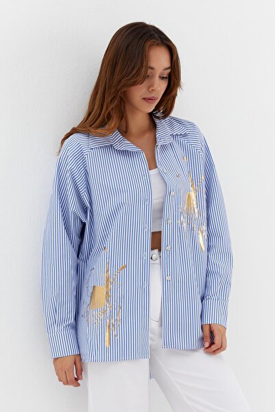 ONNO PRIVE Varaklı Poplin Striped Shirt Indigo