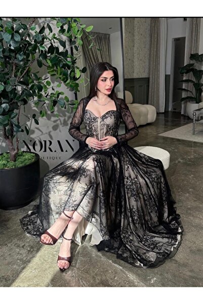 Loren Evening dress with lace, sequins, flared design, long sleeves