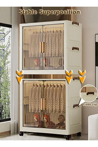 Generic 55cm Wide Freestanding Portable Foldable Wardrobe with Transparent Doors & Hanging Rod