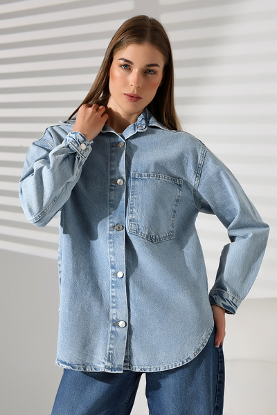 BLUE NATIONAL JEANS kadın oversize denim gömlek ceket tek cepli Kar Yıkama Ma...