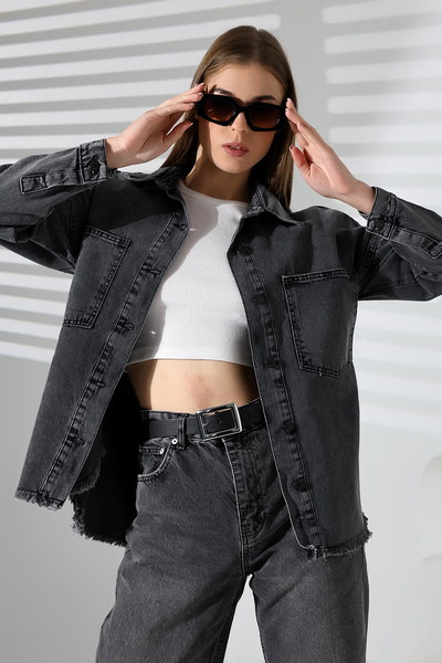 BLUE NATIONAL JEANS Kadın Oversize Kesim Püsküllü Denim Gömlek Ceket Kar Yıka...