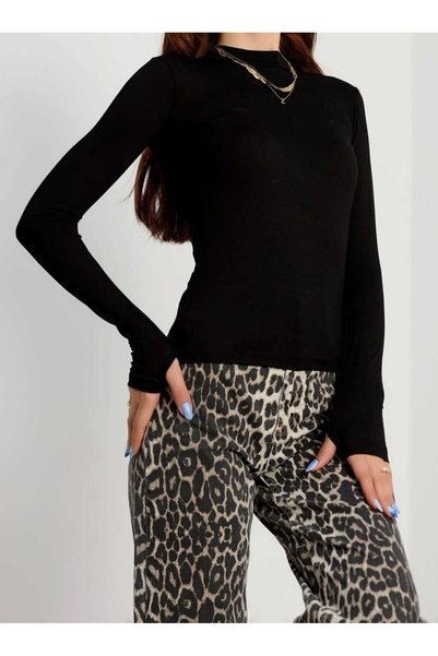 f.kereci Mock Neck Finger Slip Viscose Bodysuit - Black