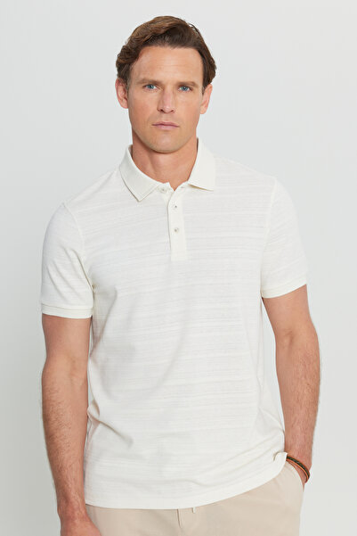 ALTINYILDIZ CLASSICS Men's Beige Cotton Slim Fit Slim Fit Polo Neck Jacquard Stretchy T-Shirt