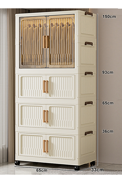 Generic 65cm Wide Portable Wardrobe Storage Cabinet with Hanging Rod, Foldable & Stackable Clothes Organizer