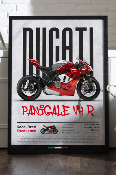 Duvarda Αφίσα Ducati Panigale V4 R με μαύρο ξύλινο πλαίσιο, διακοσμητικός πίν...