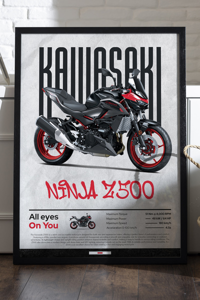 Duvarda Αφίσα Kawasaki Ninja Z500 με μαύρο ξύλινο πλαίσιο, διακοσμητικός πίνα...