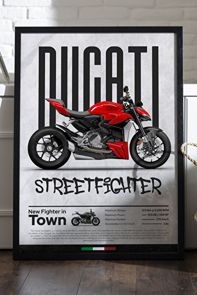 Duvarda Αφίσα Ducati Street Fighter V4 με μαύρο ξύλινο πλαίσιο, διακοσμητικός...