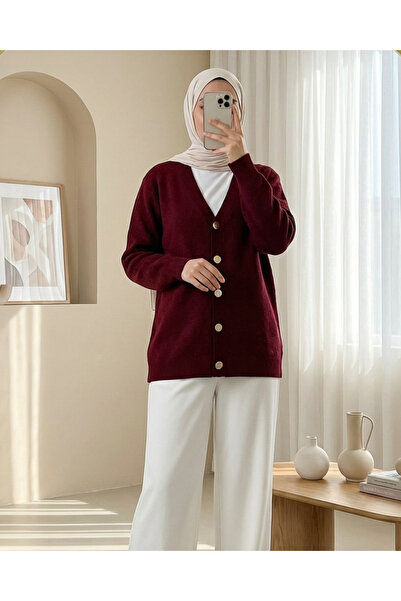 Modamorfo Buttoned Front Bearded Casual Knit Cardigan - Burgundy